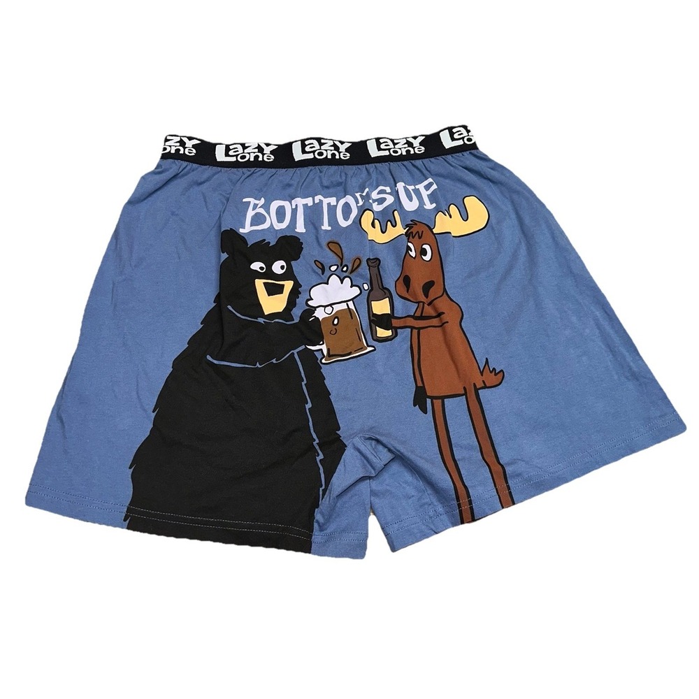 NWT Lazy One Boxers BOTTOMS UP Blue 100% Cotton Funny Beer Moose Dad Men's Large